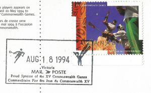 Francobollo emesso dal Canada nel 1994 in occasione dei Giochi del Commonwealth del 1994 che si svolsero a Victoria,British Columbia (Canada) in cui il Lacrosse fu sport dimostrativo
