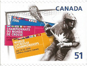 Francobollo emesso dal Canada nel 2006 per commemorare i Campionati del Mondo di Lacrosse svolti a London, Ontario (Canada) nel 2006, a cui ha partecipato anche l'Italia giungendo al 10 posto